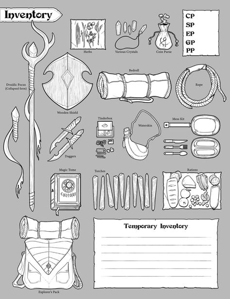 Character Inventory, Inventory Sheet, Dnd Character Sheet, Dnd Crafts, D D Items, Props Art, Fantasy Props, D&d Dungeons And Dragons, Dungeons And Dragons Homebrew