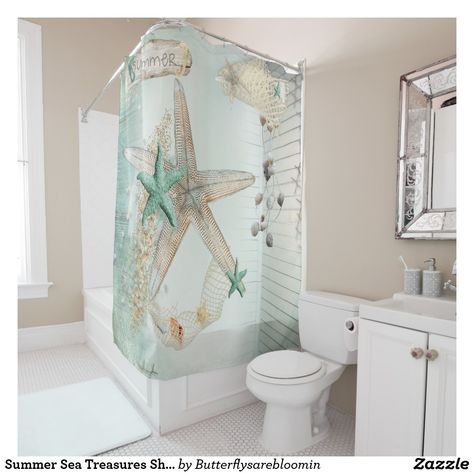 Summer Sea Treasures Shower Curtain Vintage Shower Curtains, Collecting Shells, Watercolor Shower Curtain, Winter Shower, Pretty Watercolor, Flower Shower Curtain, Pink Frosting, Coastal Bathrooms, Unique Shower Curtain