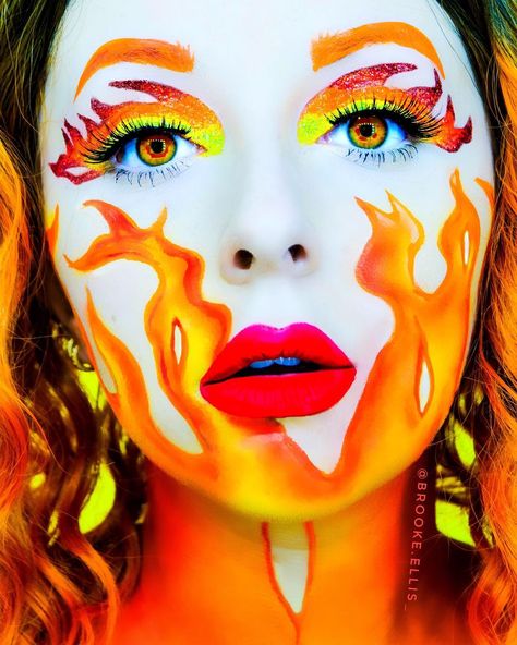 Fire Make Up Halloween, Fire Makeup Halloween, Fire Face Paint, Fire Themed Makeup, Fire Element Makeup, Flame Inspired Makeup, Flame Eye Makeup Fire, Witch Face Paint, Drag King Makeup