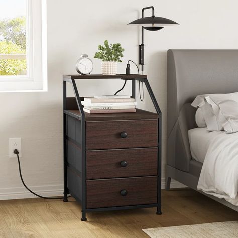 Ebern Designs Sereena Nightstand with 3 Drawers & 2 USB Ports, MDF Bedside Table with Outlets, Stable Metal Frame & Reviews | Wayfair Side Tables For Bedroom, Nightstand With Charging Station, Nightstand Set Of 2, Shelving Design, Wooden Table Top, Brown Bedroom, Modern End Tables, White Nightstand, End Table Sets