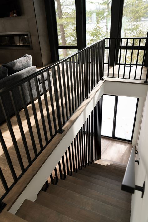 Metal Staircase Railing, Oak Stair Treads, Interior Handrails, Black Stair Railing, Wall Mounted Handrail, Metal Stair Railing, Interior Stair Railing, Redesign Ideas, Modern Stair Railing