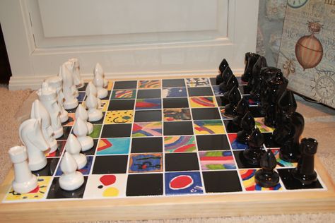 Chess Board Design Ideas, Painted Chess Table, Painted Chess Pieces, Chess Board Painting, Painted Chess Board, Gala Projects, Class Artwork, School Auction Art Projects, School Auction Projects