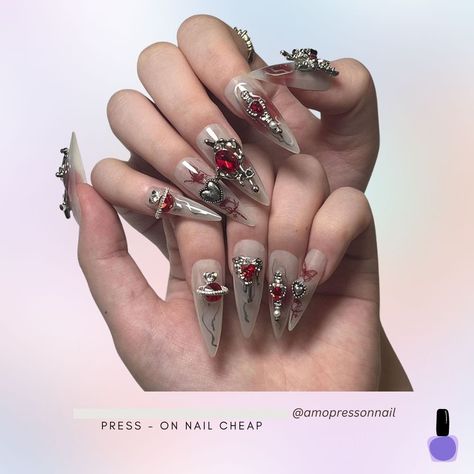 Press-on nail 01 - AMONAIL's Ko-fi Shop - Ko-fi ❤️ Where creators get support from fans through donations, memberships, shop sales and more! The original 'Buy Me a Coffee' Page. Ongles Goth, Red Press On Nails, Nails Unique, Fake Nails Long, Long Stiletto, Nagel Tips, Ombre Acrylic Nails, Goth Nails, Nice Nails