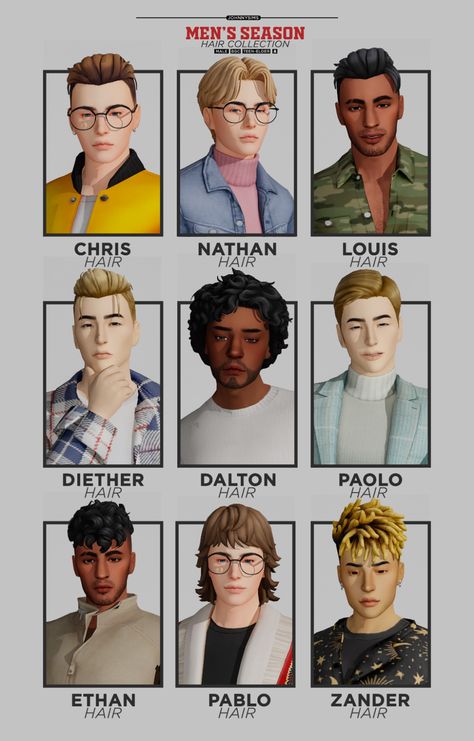 Men's Season (Hair Collection) | JohnnySims on Patreon Sims 4 Hair Male, The Sims 4 Pc, Sims 4 Mm Cc, Male Hair, Sims 4 Body Mods, Sims 4 Mm, Sims 4 Characters, Sims Four, Sims4 Clothes