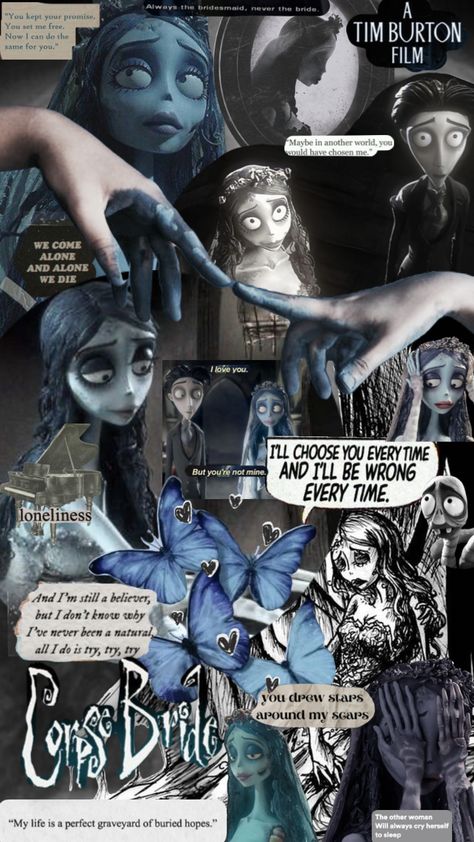 Corpse Bride Collage Wallpaper, Poster Board Ideas Aesthetic, Corpse Bride Collage, Sally And Emily, Emily Wallpaper, Emily Aesthetic, Corpse Bride Movie, Corpse Bride Art, Tim Burton Tattoo