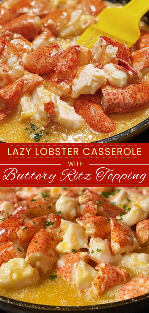 Lazy Lobster Casserole with Buttery Ritz Topping Seaside Comfort Casserole, Lobster Casserole With Ritz Crackers, Seafood Casserole With Ritz Crackers, Easy Seafood Casserole Recipes, Lobster Meals Dinners, Seafood Pasta Casserole Recipes, Cooked Lobster Recipes, Recipes With Lobster Meat, Lobster Casserole Recipes