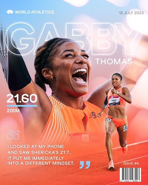 Magazine cover style Graphic celebrating 200m athlete Gabby Thomas Athletic Poster Design, Sports Magazine Layout, Gabrielle Thomas, Sports Magazine Cover, Sports Magazine Design, Gym Ads, Athlete Poster, Gabby Thomas, Sports Magazine Covers