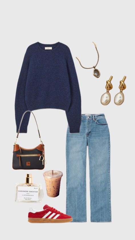 Fall outfits Navy sweater jeans and red gazelles pearl jewelry casual fall outfit inspo 2024 Navy Sweater Outfit Women, Navy Sweater And Jeans Outfit, Navy And Red Outfit, Navy Fall Outfits, Pearl Outfits, Navy Sweater Outfit, Pearl Outfit, Sweater And Jeans Outfit, Casual Fall Outfit