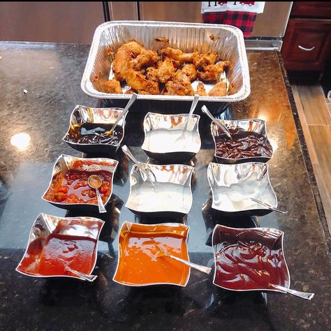 Chicken Wings Birthday Party, Chicken Tender Bar Party, Wings And Things Party, Wing Party Bar, Wing Buffet Ideas, Chicken Wing Party Ideas, Wing Bar Ideas, Wing Bar Wedding, Wings Party Food Ideas