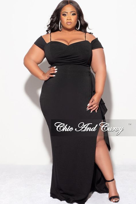 Stretch dress V neck Off shoulders Short sleeves Slit Train Zipper closure 95% polyester 5% spandex Hand wash cold Model is wearing a 2X Plus Size Dresses Formal, Cold Shoulder Gown, Cute Black Dress, Ruffle Gown, Chic And Curvy, Plus Size Gowns, Black Satin Dress, Dress One Shoulder, Formal Dresses Short