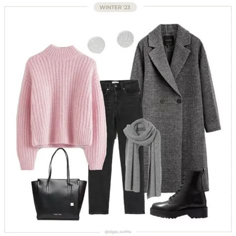 Pink Jumper Outfit Winter, Gray And Pink Outfit, Pink Outfits Winter, Winter Jumper Outfit, Winter Pink Outfit, Pink Outfit Winter, Grey And Pink Outfit, Grey Wool Coat Outfit, Pink And Grey Outfit