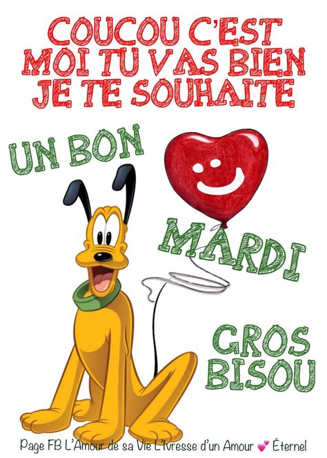 Coucou 👋 c’est moi Tu vas bien Je te souhaite un Bon Mardi Gros Bisou 💋 #pluto #balloncoeur Mardi Humour, Bon Mardi, The Eighth Day, Betty Boop, Pluto The Dog, Humor, Disney Characters, Funny, Fictional Characters