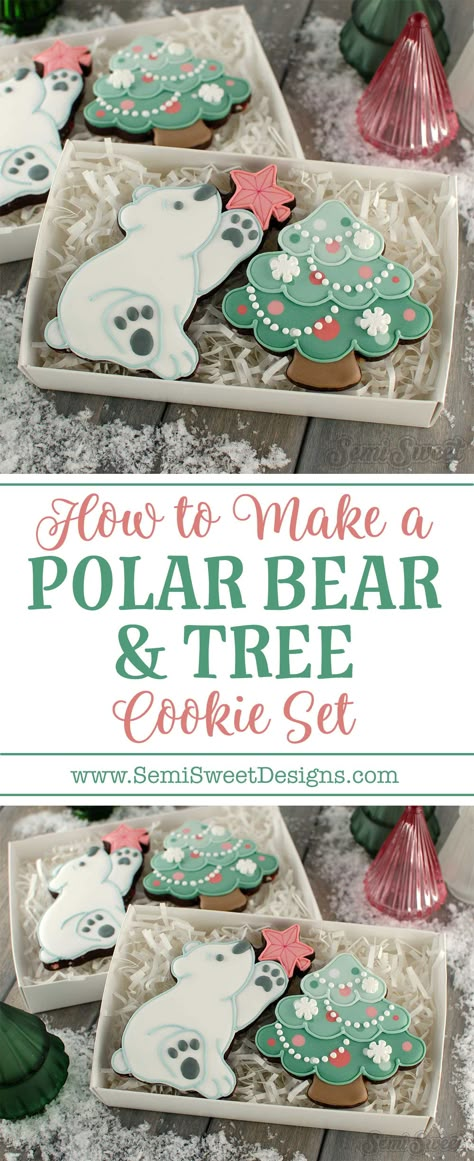 How to Make a Polar Bear & Tree Cookie Set Polar Bear Christmas Cookies, Polar Bear Cookies Decorated, Polar Bear Christmas Tree Decorations, Polarbear Christmas Tree, Christmas Bear Cookies Decorated, Decorated Christmas Cookies Polar Bear, Polar Bear Cookies, Fall Decorated Cookies, Hot Cocoa Cookies