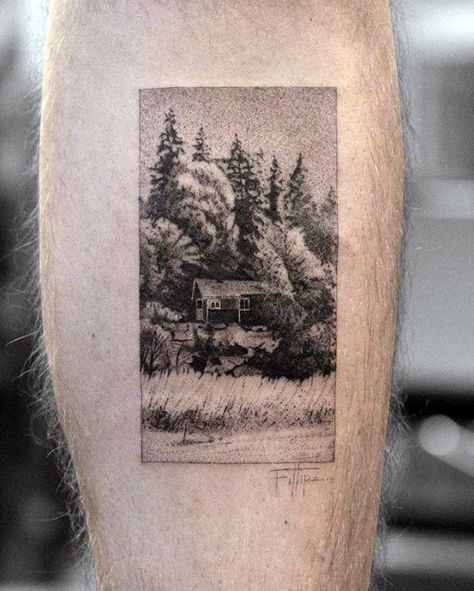 Tattoo Of Three Things, Small Badass Tattoos, Badass Small Tattoos, Cabin Tattoo, Small Tattoo Ideas For Men, Tattoo Aesthetics, Small Tattoos For Men, Framed Tattoo, Tasteful Tattoos