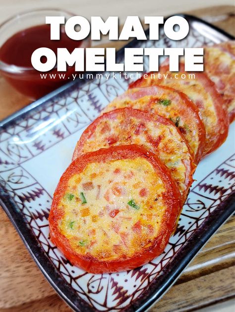 Tomato Omelette - Yummy Kitchen Baked Omelette Recipe, Silog Meals, Tomato Omelette, Baked Omelette, Tomato Breakfast, Ways To Cook Eggs, Omelette Recipe, Eating Eggs, All Purpose Flour