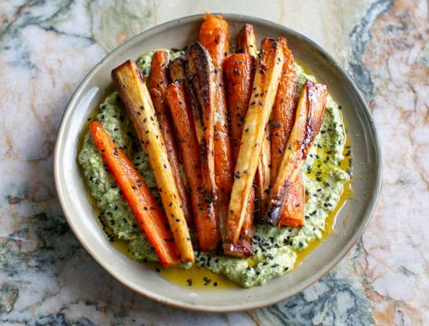 Harissa-Honey Glazed Roasted Vege Honey Parsnips, Feta Sauce, Carrots And Parsnips, Harissa Recipes, Moussaka Recipe, Roasted Parsnips, Meat Free Recipes, Honey Glazed, Vegan Side Dishes