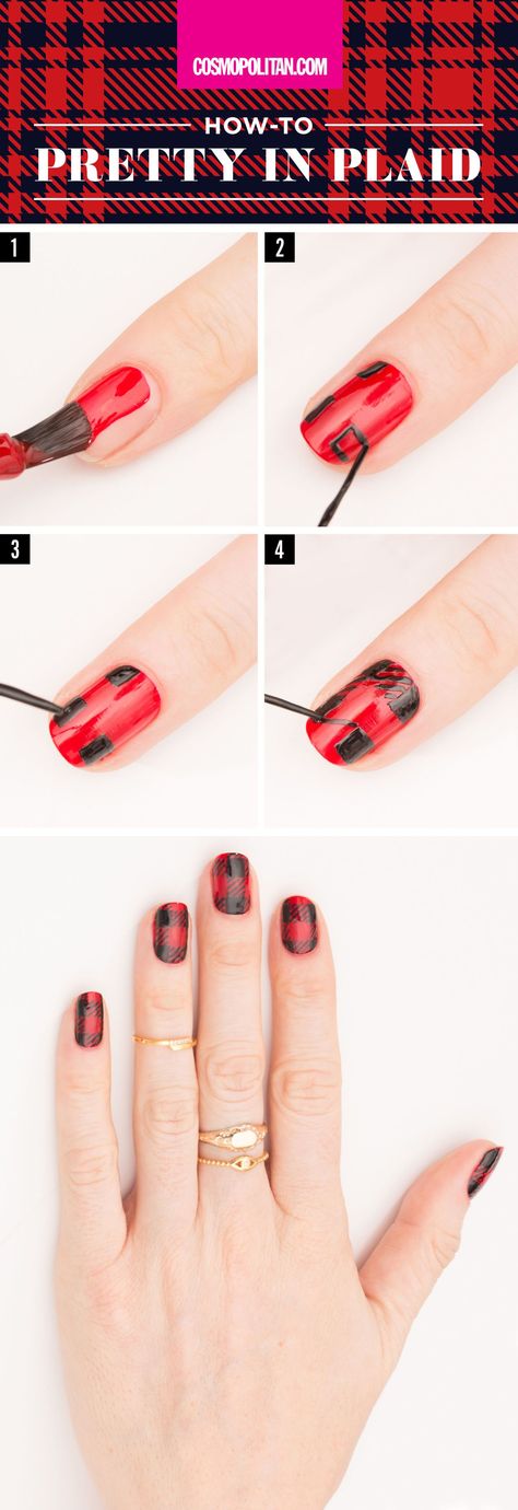 PRETTY IN PLAID HOLIDAY NAIL ART: DIY this festive holiday manicure with red and black polish, and this easy holiday nail art tutorial. Click through for the easy, step-by-step instructions. You'll also find 4 more fun holiday nail art ideas that you can pull off in minutes! Holiday Nails Easy, Nailart Tutorial, Unghie Nail Art, Plaid Nails, Holiday Nail Art, Nail Swag, Diy Nail Art, Trendy Nail Art, Christmas Nail Art