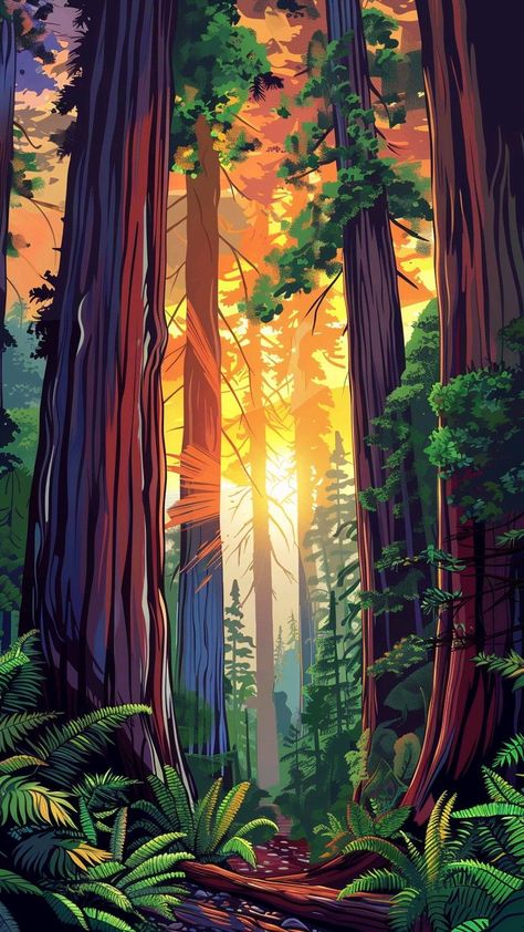 Colorful redwood forest Magical forest Zicxa.com Forest Background Illustration, Leopard Images, Forest Digital Art, Forest Magical, Forest Mural, Colorful Sky, Forest Background, Forest Illustration, Night Forest