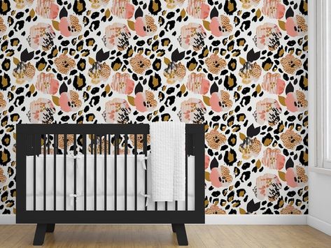 Moody Floral Nursery, Wallpaper Black Gold, Leopard Nursery, Floral Removable Wallpaper, Woodland Crib Bedding, Floral Bathroom Decor, Floral Crib Bedding, Teen Wallpaper, Kindergarten Wallpaper