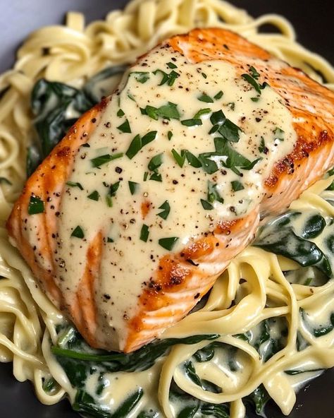 Recipes Cookery | Garlic Butter Salmon with Creamy Spinach Alfredo 🍣🍝 | Facebook Salmon With Spinach, Spinach Alfredo, Steak Bites Recipe, Salmon Spinach, Garlic Butter Salmon, Homemade Flour Tortillas, Butter Salmon, Garlic Salmon, Salmon Seasoning