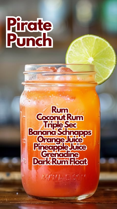 Pirate Punch Pineapple Juice Cocktails, Coconut Rum Cocktails, Pirate Punch, Summer Punch Recipes, Pirate Drinks, Dark Rum Cocktails, Triple Sec Cocktails, Orange Juice Cocktails, Pirate Halloween Party