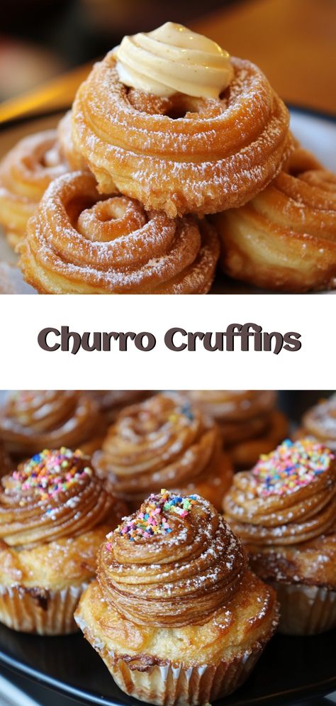 Craving a sweet treat that's easy to make? Discover the irresistible Churro Cruffins! With their perfect blend of flaky croissant layers and a cinnamon-sugar coating, these cruffins bring the churro experience to your kitchen. Ideal for breakfast, brunch, or an indulgent snack, this simple recipe satisfies your cravings with every bite. Delight your taste buds and elevate your baking game with this unique twist on classic flavors. Perfect for cozy weekends or sharing with friends and family! Churro Croissant, Churro Cruffins, Crossiant Recipes, Chocolate Cake Cheesecake, Croissant Recipes, Cruffin Recipe, Traditional Desserts, Croissant Recipe, Cake Cheesecake