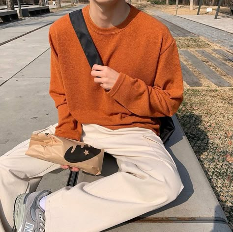 Mens Orange Sweater Outfit, Orange Aesthetic Vintage Outfit, Orange Clothes Aesthetic Men, Orange Sweater Outfit Men, Orange Sweater Outfit, Skz Ot8, Orange Streetwear, Soulmate Au, Outfits Pastel