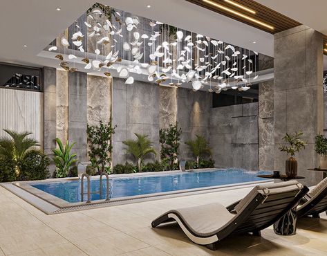 Pool Ceiling Design, Hotel Swimming Pool Design, Pool Interior Design, Spa Decor Ideas, Indoor Swim Spa, Interior Pool, Luxury Pools Indoor, Indoor Swimming Pool Design, Home Spa Room