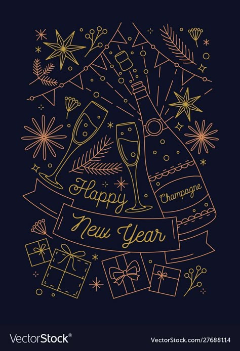 New Years Illustration Art, Celebration Card Design, Happy New Year Vector Design, New Years Postcard, New Year Card Illustration, New Years Greeting Cards, Happy New Year Template Design, Happy New Year Illustration Design, New Years Cards Ideas