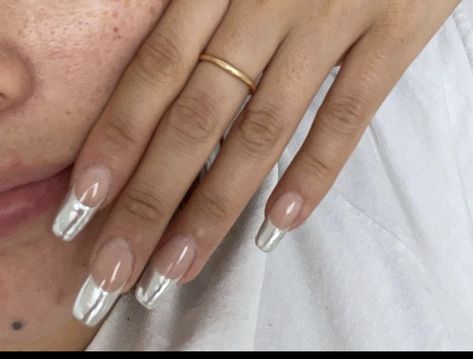 Metallic French Nail, Metallic French Tip Nails Coffin, Silver Chrome French Tip Nails Coffin, Metalic French Nail, Chrome French Tip Nails Coffin, Metallic Tip Nails, Silver Chrome French Tip Nails, Iridescent French Tip Nails, Metallic French Tip Nails