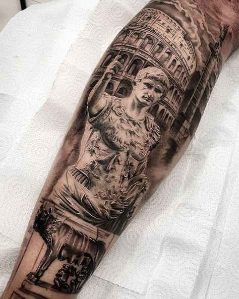 Inner Arm Tattoo Sleeve, Colosseum Tattoo, Arm Tattoo Sleeve, Sculpture Tattoo, Arm Tattoos Drawing, Roman Tattoo, Roman Colosseum, Zeus Tattoo, Spartan Tattoo