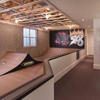 Basement Skateboard Room with Masonite Skate Surface Transitional Basement, Backyard Skatepark, Skateboard Room, Skatepark Design, Skate Ramp, Skateboard Ramps, Rec Center, Skateboard Park, Basement Finishing