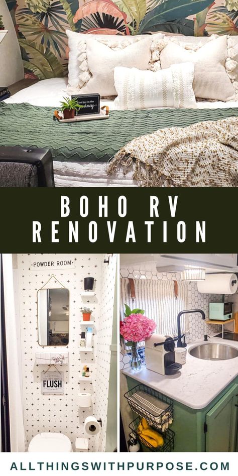 Rustic Boho Camper, Interior Trailer Remodel, Cozy Trailer Decor, Bohemian Camper Remodel, Boho Camper Ideas, Modern Boho Rv Interior, 18ft Camper Remodel, Tropical Rv Interior, Camper Decorating Ideas Boho