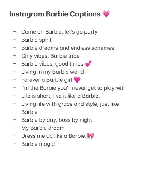 Pink Out Captions For Instagram, Captions For Barbie Look, Funny Barbie Captions, Instagram Captions Barbie, Barbie And Ken Instagram Captions, Princess Vibes Captions, Barbie Doll Captions For Instagram, Bratz Doll Captions Instagram, Pink Outfit Quotes Instagram