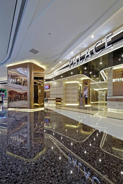 Cinema interior design for Palace Cinemas at Sincere Plaza, Chongqing, China Cinema Interior Design, Lobby Ceiling Design, Cinema Lobby, Cinema Interior, Shopping Mall Interior, Mall Food Court, Lobby Ideas, Chongqing China, Cinema Design