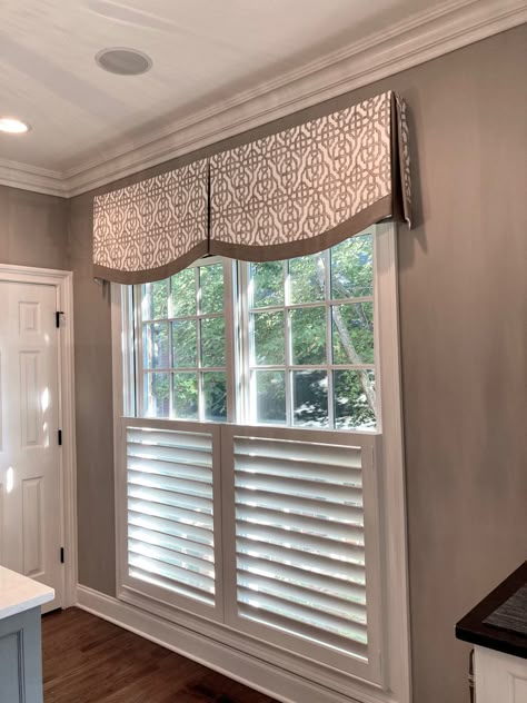 Valance For Large Window, Window Valences With Blinds, Custom Window Valance Ideas, Long Valances For Windows, Window Valance Ideas With Blinds Kitchen, Large Window Valance Ideas, Double Window Treatments, Valance For Bay Window, Double Window Curtain Ideas