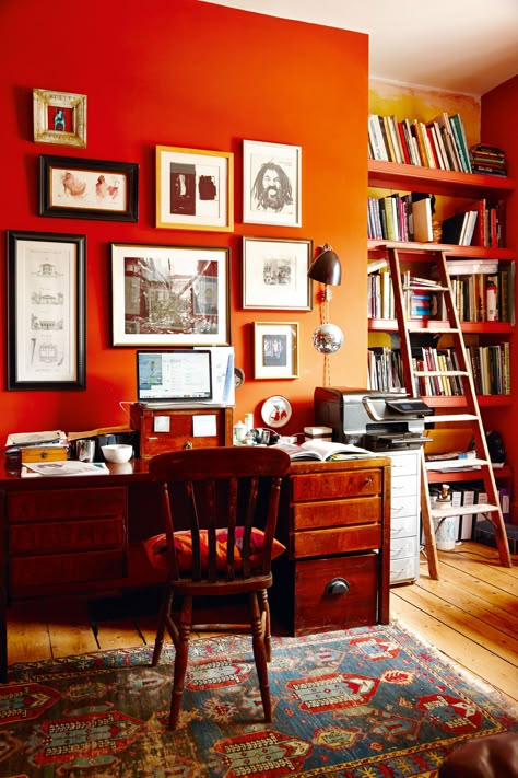 Orange Home Office, Creative Office Furniture, Traditional Home Offices, Orange Office, Cheap Office Furniture, Traditional Home Office, Orange Home Decor, Orange Home, Dining Room Contemporary