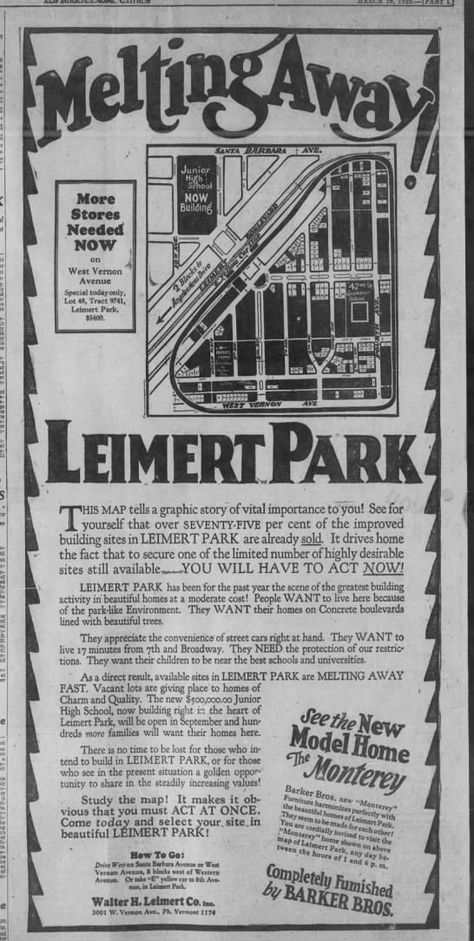 Clipping found in The Los Angeles Times in Los Angeles, California on Mar 16, 1929. Leimert Ad Los Angeles Nostalgia, The Wiltern Los Angeles, The Liberator, Los Angeles 1950s, Leimert Park, Los Angeles Times Newspaper, 1940s Los Angeles, Times Newspaper, Newspaper Ads