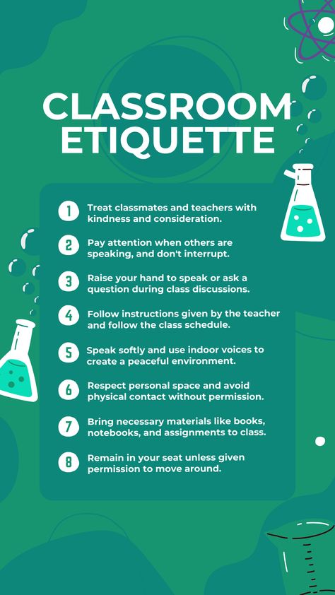 Essential Classroom Etiquette for Children Illustrative Poster, Classroom Etiquette, Manners Chart, Etiquette Classes, Tuition Centre, Creative Class, English Classroom, Classroom Rules, Positive Habits