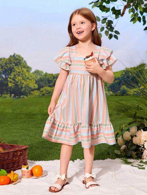 SHEIN Kids SUNSHNE Toddler Girls Striped Print Butterfly Sleeve Ruffle Hem Dress | SHEIN USA Kids Summer Dresses, Shein Kids, Print Butterfly, Kids English, Baby Girls Dresses, Butterfly Sleeve, Girls Stripes, Ruffle Hem Dress, Butterfly Sleeves