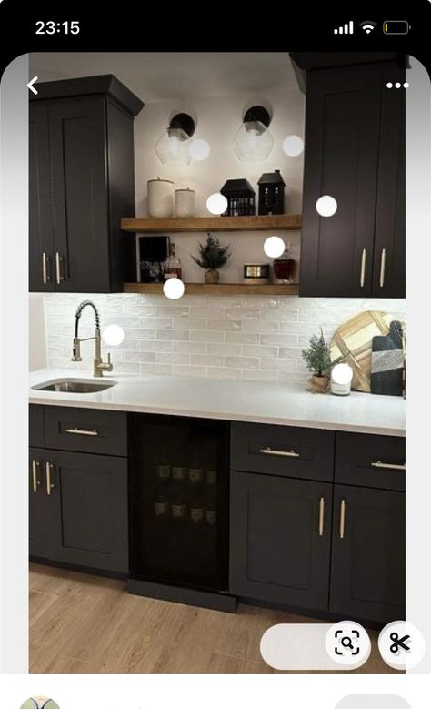 Wet Bar With Tile Backsplash, Basement Bar Green Cabinets, Gray Wet Bar Cabinets, Modern Small Bar Ideas For Home Basement, Basement Cabinet Colors, Black Kitchenette Ideas, Wet Bar Counter, Basement Remodel Wet Bar, Basement Ideas Wet Bar