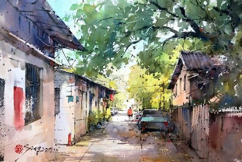 Guo Kim Seung Watercolor Scenery, Watercolor Art Landscape, Watercolor Paintings Nature, Watercolor Architecture, Oil Pastel Paintings, Watercolor Pictures, Watercolour Inspiration, Watercolor Paintings Easy, Architecture Painting