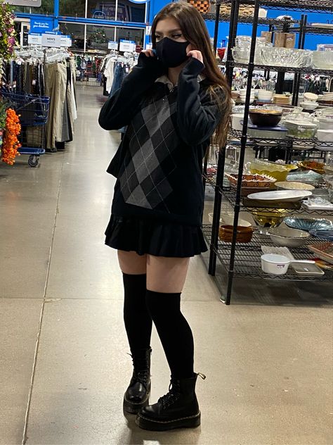 argyle print sweater, black pleated skirt, thigh high socks & doc marten jadons. Layered Socks Outfit, Long Socks And Skirt, How To Style Knee High Socks, Sweater And Thigh High Socks, Thigh High Socks Outfit Aesthetic, How To Style Thigh High Socks, Black Thigh High Socks Outfit, Thigh High Socks Outfits, Black Socks Outfit