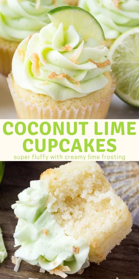 Coconut lime cupcakes feature moist and fluffy coconut flavored cupcakes with creamy, tangy lime buttercream frosting on top. The flavor combo makes these perfect for spring and summer #coconutcupcakes #limefrosting #coconutlime #cupcake #recipe from Just So Tasty https://www.justsotasty.com/coconut-cupcakes-lime-buttercream-frosting/ Lime Buttercream Frosting, Lime Frosting, Lime Buttercream, Tropical Cupcakes, Frosting Buttercream, Lime Cupcakes, Coconut Cupcakes, Buttercream Frosting Recipe, Salty Cake