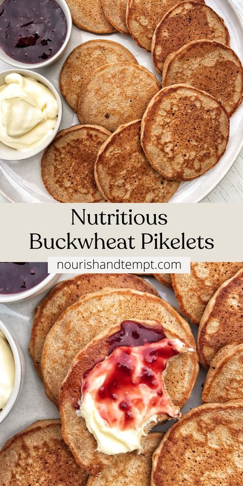 A plate of buckwheat pikelets serves with jam and cream. Buckwheat Breakfast Recipes, Buckwheat Porridge Breakfast, Healthy Buckwheat Recipes, Buckwheat Recipe, Pikelet Recipe, Buckwheat Pancake Recipes, Baking Vegan, Buckwheat Crepes, Buckwheat Recipes