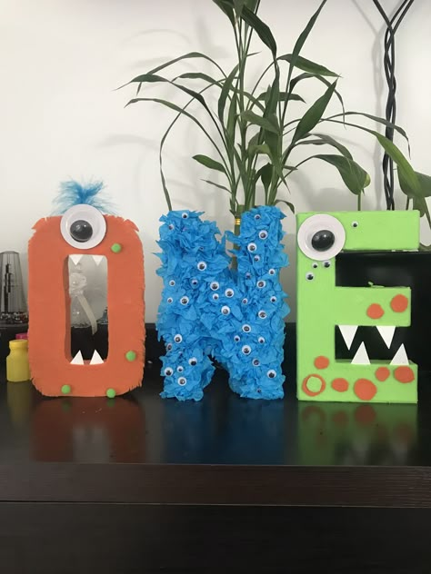 Monster theme letter for first birthday Monster Party Centerpiece, First Birthday Monster Theme, One Little Monster Party, Diy Monster Birthday Decorations, 1st Birthday Monster Theme, Monster First Birthday Party, Monster Birthday Party 1st, Halloween First Birthday Boy, Monster Themed First Birthday