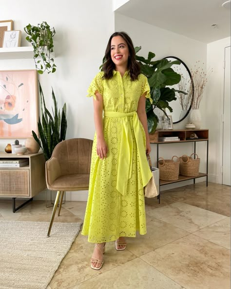 Yellow eyelet maxi dress, spring dress, spring outfit, Easter outfit Modest Easter Dresses For Women, Easter Outfits Casual, Easter Outfit Family, Chikankari Frock, Spring Maxi Dress Outfit, Family Easter Outfits, College Dress, Indian Dress Up, Dress Outfits Party