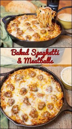 Baked Spaghetti Meatballs, Baked Spaghetti And Meatballs, Resep Pasta, Spaghetti Meatballs, Baked Spaghetti, God Mat, Spaghetti And Meatballs, Cast Iron Cooking, Iron Skillet