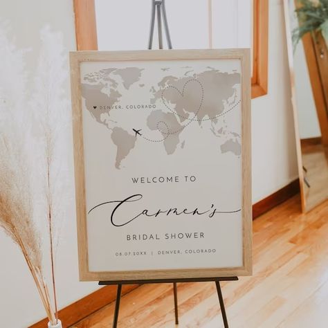 Destination themed bridal shower - Etsy Bridal Shower Poster, Travel Bridal Showers, Travel Theme Bridal Shower, Vintage Travel Themes, Wedding Shower Themes, Wedding Reception Fun, Couple Wedding Shower, Bridal Shower Planning, Bride Shower