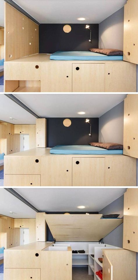 Lofted Bed, Smart Apartment, Micro Apartment, Folding Walls, Small Room Design, Creative Storage, Tiny Spaces, Tiny Apartment, Space Saving Furniture